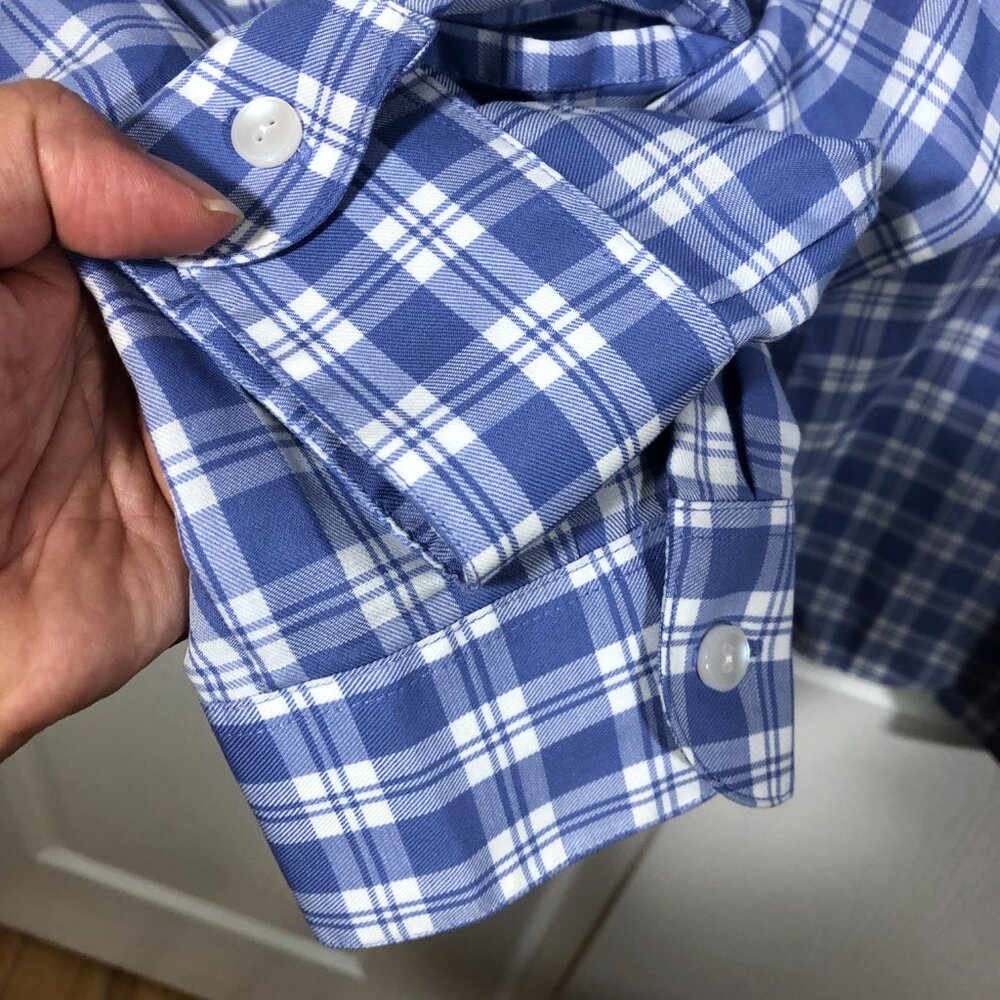 Foxcroft women purple and white plaid print long sleeve shirt, 16 - Picture 5 of 6